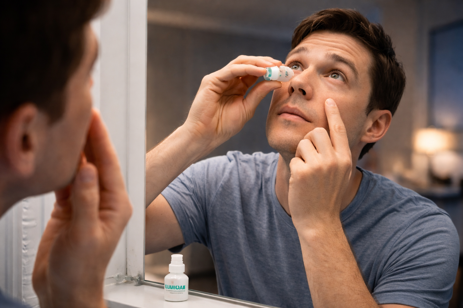 Person applying Lumigan eye drops at night as part of a bedtime routine for managing eye pressure.